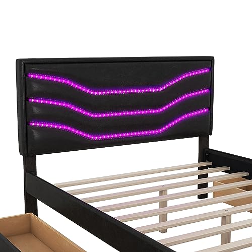 SIYSNKSI Queen Size Upholstered Platform Bed with 4 Drawers, Storage Platform Bed with LED and USB Charging for Kids Teens Adults Bedroom (Black-004A)