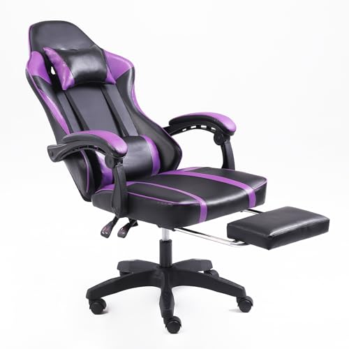 Gaming Chair with Footrest, PU Leather Video Game Chairs for Adults, 360°Swivel Adjustable Lumbar Pillow Gamer Chair, Comfortable Computer Chair for Heavy People