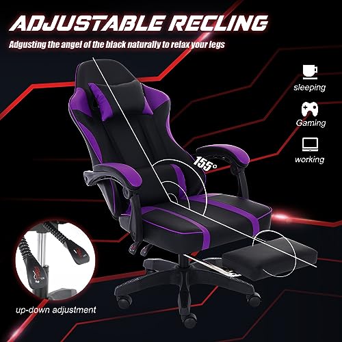 Gaming Chair with Footrest, PU Leather Video Game Chairs for Adults, 360°Swivel Adjustable Lumbar Pillow Gamer Chair, Comfortable Computer Chair for Heavy People