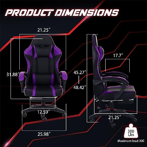 Gaming Chair with Footrest, PU Leather Video Game Chairs for Adults, 360°Swivel Adjustable Lumbar Pillow Gamer Chair, Comfortable Computer Chair for Heavy People