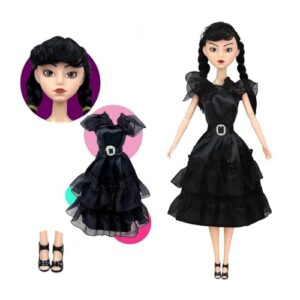 BEMKWG Wednesday Addams Doll 11.5'' The Joints Can Move and Black Dresses Black Hair Black Shoe Adams Doll Toys Gift for Girls & Family Fans (A)