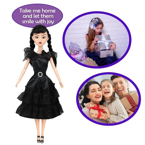 BEMKWG Wednesday Addams Doll 11.5'' The Joints Can Move and Black Dresses Black Hair Black Shoe Adams Doll Toys Gift for Girls & Family Fans (A)