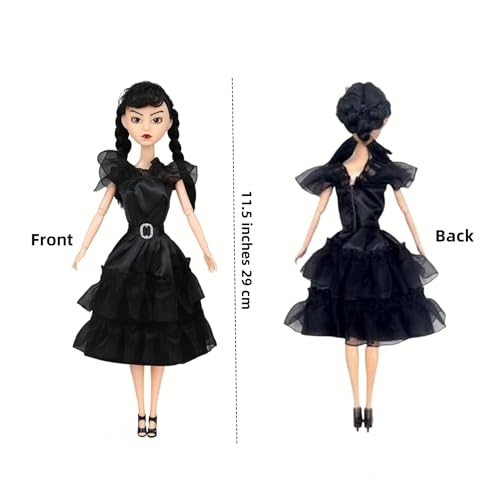 BEMKWG Wednesday Addams Doll 11.5'' The Joints Can Move and Black Dresses Black Hair Black Shoe Adams Doll Toys Gift for Girls & Family Fans (A)