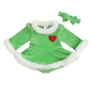 mialoley baby girl winter 2 piece sets long sleeve patchwork romper dress warm with bowknot headband spring fall christmas (green, 0-6 months)