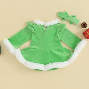 Mialoley Baby Girl Winter 2 Piece Sets Long Sleeve Patchwork Romper Dress Warm with Bowknot Headband Spring Fall Christmas (Green, 0-6 Months)