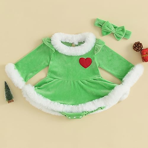 Mialoley Baby Girl Winter 2 Piece Sets Long Sleeve Patchwork Romper Dress Warm with Bowknot Headband Spring Fall Christmas (Green, 0-6 Months)