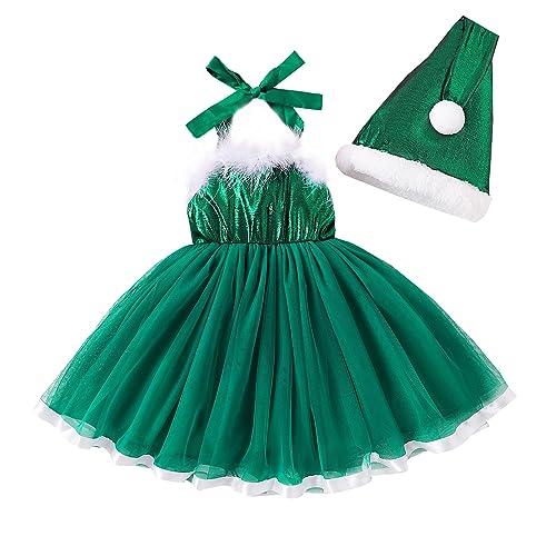 Baby Girl Christmas Dress Sleeveless Mesh Tulle Ruched Fluff Trim Bowknot Sweet with Santa Hat Princess Fall Winter (Green, 1-2 Years)