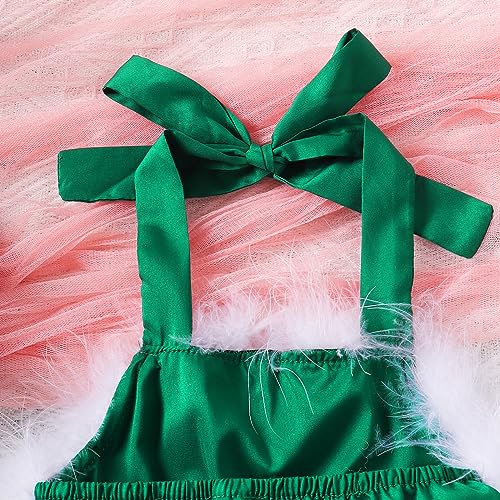 Baby Girl Christmas Dress Sleeveless Mesh Tulle Ruched Fluff Trim Bowknot Sweet with Santa Hat Princess Fall Winter (Green, 1-2 Years)