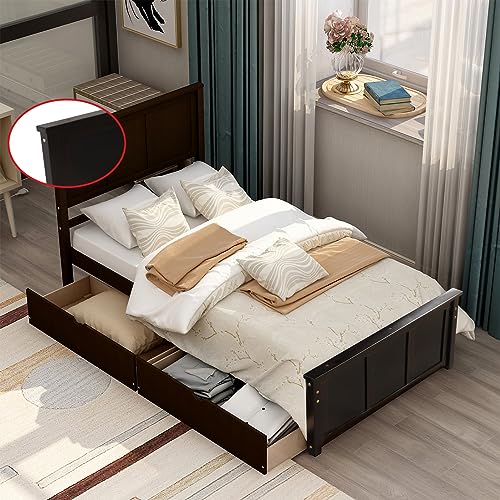 Platform Storage Bed with Two Drawers on Wheels, Solid Wood Single Bed with Support Slats, Single Bed Frame for Boys, Girls, Teenagers and Adults, No Springs Required (Espresso)