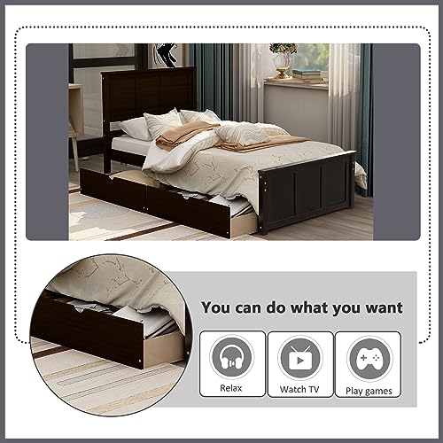 Platform Storage Bed with Two Drawers on Wheels, Solid Wood Single Bed with Support Slats, Single Bed Frame for Boys, Girls, Teenagers and Adults, No Springs Required (Espresso)