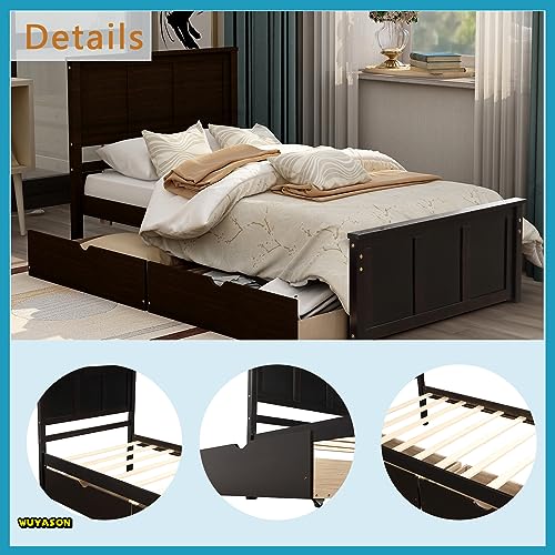 Platform Storage Bed with Two Drawers on Wheels, Solid Wood Single Bed with Support Slats, Single Bed Frame for Boys, Girls, Teenagers and Adults, No Springs Required (Espresso)