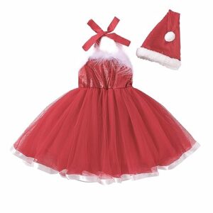 baby girl christmas dress sleeveless mesh tulle ruched fluff trim bowknot sweet with santa hat princess fall winter (red, 2-3 years)