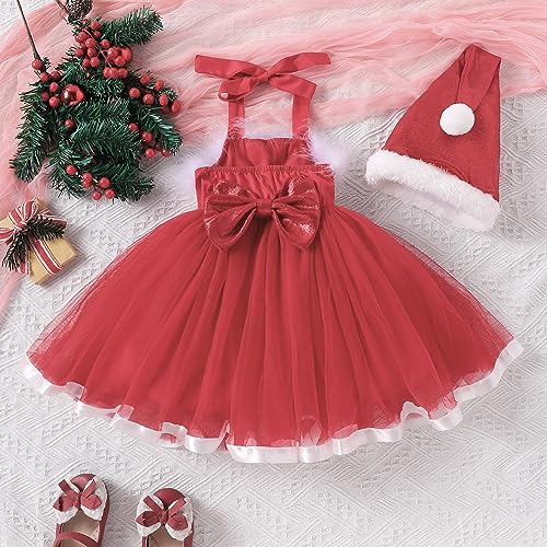 Baby Girl Christmas Dress Sleeveless Mesh Tulle Ruched Fluff Trim Bowknot Sweet with Santa Hat Princess Fall Winter (Red, 2-3 Years)