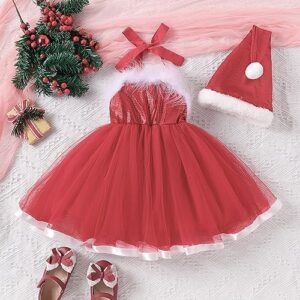 Baby Girl Christmas Dress Sleeveless Mesh Tulle Ruched Fluff Trim Bowknot Sweet with Santa Hat Princess Fall Winter (Red, 2-3 Years)
