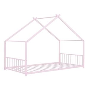 SIYSNKSI Twin Size House Bed, Metal Floor Bed Frame with Roof and Sturdy Slat Support, Platform Bed for Kids Teens Girls Boys Bedroom Furniture, No Box Spring Needed (Pink+ Metal-C35)