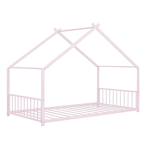 SIYSNKSI Twin Size House Bed, Metal Floor Bed Frame with Roof and Sturdy Slat Support, Platform Bed for Kids Teens Girls Boys Bedroom Furniture, No Box Spring Needed (Pink+ Metal-C35)