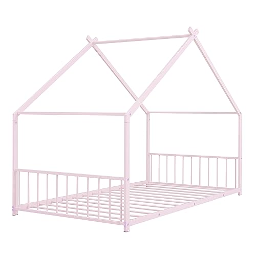 SIYSNKSI Twin Size House Bed, Metal Floor Bed Frame with Roof and Sturdy Slat Support, Platform Bed for Kids Teens Girls Boys Bedroom Furniture, No Box Spring Needed (Pink+ Metal-C35)