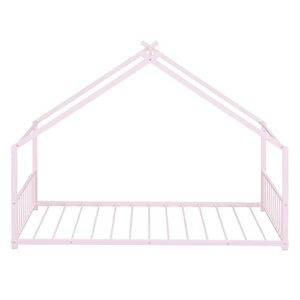 SIYSNKSI Twin Size House Bed, Metal Floor Bed Frame with Roof and Sturdy Slat Support, Platform Bed for Kids Teens Girls Boys Bedroom Furniture, No Box Spring Needed (Pink+ Metal-C35)