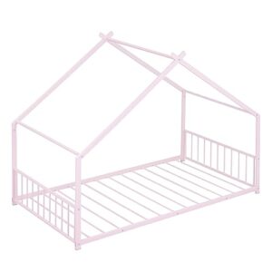 SIYSNKSI Twin Size House Bed, Metal Floor Bed Frame with Roof and Sturdy Slat Support, Platform Bed for Kids Teens Girls Boys Bedroom Furniture, No Box Spring Needed (Pink+ Metal-C35)