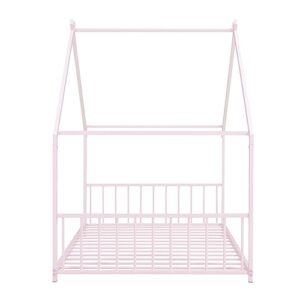 SIYSNKSI Twin Size House Bed, Metal Floor Bed Frame with Roof and Sturdy Slat Support, Platform Bed for Kids Teens Girls Boys Bedroom Furniture, No Box Spring Needed (Pink+ Metal-C35)