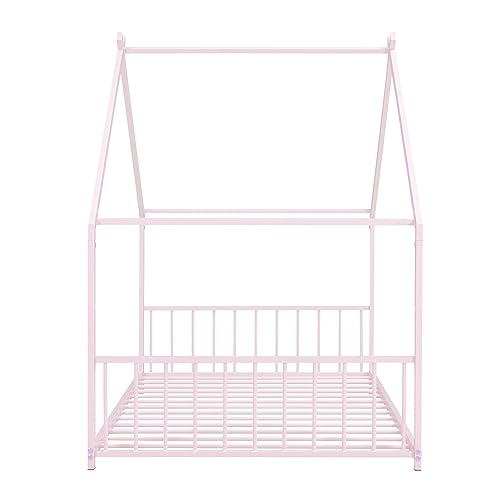 SIYSNKSI Twin Size House Bed, Metal Floor Bed Frame with Roof and Sturdy Slat Support, Platform Bed for Kids Teens Girls Boys Bedroom Furniture, No Box Spring Needed (Pink+ Metal-C35)