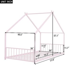 SIYSNKSI Twin Size House Bed, Metal Floor Bed Frame with Roof and Sturdy Slat Support, Platform Bed for Kids Teens Girls Boys Bedroom Furniture, No Box Spring Needed (Pink+ Metal-C35)