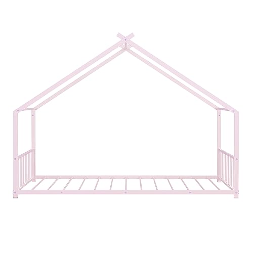 SIYSNKSI Twin Size House Bed, Metal Floor Bed Frame with Roof and Sturdy Slat Support, Platform Bed for Kids Teens Girls Boys Bedroom Furniture, No Box Spring Needed (Pink+ Metal-C35)