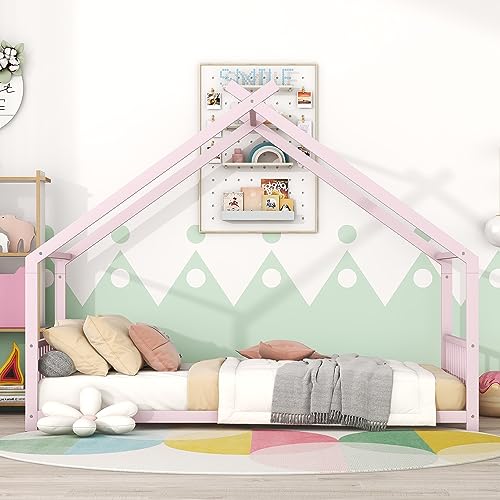 SIYSNKSI Twin Size House Bed, Metal Floor Bed Frame with Roof and Sturdy Slat Support, Platform Bed for Kids Teens Girls Boys Bedroom Furniture, No Box Spring Needed (Pink+ Metal-C35)