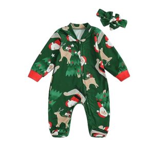 mialoley infant baby christmas jumpsuit long sleeve v neck zipper front romper bowknot headband spring fall winter casual (green, 6-9 months)