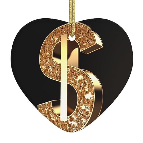 Christmas Tree Ceramic Hanging Heart Shape Ornaments with Gold Ribbon Gold Dollar Sign Ceramic Ornaments Crafts Christmas Tree Decorations for Holiday