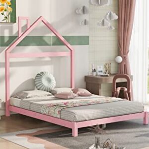 CKLMMC Full Size Wood Platform Bed with House-Shaped Headboard, Unique Platform Bed for Kids Boys Girls Bedroom, No Box Spring Required (Pink/House-B)