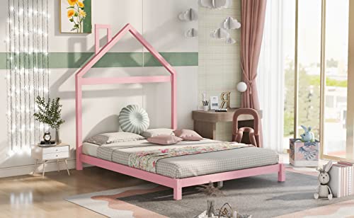 CKLMMC Full Size Wood Platform Bed with House-Shaped Headboard, Unique Platform Bed for Kids Boys Girls Bedroom, No Box Spring Required (Pink/House-B)