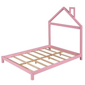 CKLMMC Full Size Wood Platform Bed with House-Shaped Headboard, Unique Platform Bed for Kids Boys Girls Bedroom, No Box Spring Required (Pink/House-B)