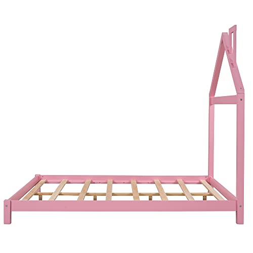 CKLMMC Full Size Wood Platform Bed with House-Shaped Headboard, Unique Platform Bed for Kids Boys Girls Bedroom, No Box Spring Required (Pink/House-B)