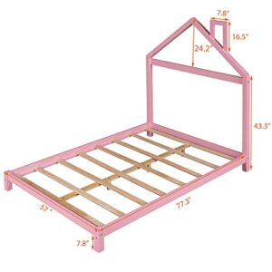 CKLMMC Full Size Wood Platform Bed with House-Shaped Headboard, Unique Platform Bed for Kids Boys Girls Bedroom, No Box Spring Required (Pink/House-B)