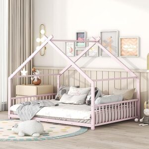 wadri metal house bed with roof, full size floor bed frame with sturdy slat support, platform bed for kids teens girls boys bedroom, can be decorated (pink-full-1)