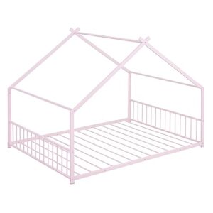 WADRI Metal House Bed with Roof, Full Size Floor Bed Frame with Sturdy Slat Support, Platform Bed for Kids Teens Girls Boys Bedroom, Can be Decorated (Pink-Full-1)