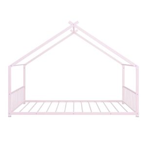 WADRI Metal House Bed with Roof, Full Size Floor Bed Frame with Sturdy Slat Support, Platform Bed for Kids Teens Girls Boys Bedroom, Can be Decorated (Pink-Full-1)