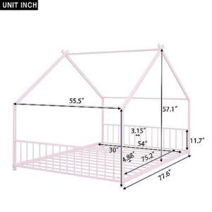 WADRI Metal House Bed with Roof, Full Size Floor Bed Frame with Sturdy Slat Support, Platform Bed for Kids Teens Girls Boys Bedroom, Can be Decorated (Pink-Full-1)