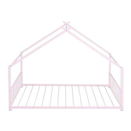 WADRI Metal House Bed with Roof, Full Size Floor Bed Frame with Sturdy Slat Support, Platform Bed for Kids Teens Girls Boys Bedroom, Can be Decorated (Pink-Full-1)
