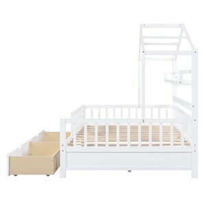 Kids House Bed with 2 Drawers and Shelf, Full Size House Bed Frame with Roof Design and Safety Guardrail, Montessori Bed for Girls Boys Bedroom Furniture, No Box Spring Needed (White + Wood-24)