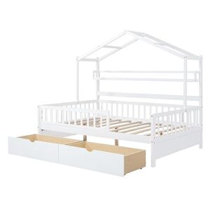 Kids House Bed with 2 Drawers and Shelf, Full Size House Bed Frame with Roof Design and Safety Guardrail, Montessori Bed for Girls Boys Bedroom Furniture, No Box Spring Needed (White + Wood-24)