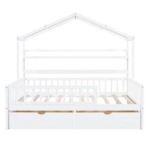 Kids House Bed with 2 Drawers and Shelf, Full Size House Bed Frame with Roof Design and Safety Guardrail, Montessori Bed for Girls Boys Bedroom Furniture, No Box Spring Needed (White + Wood-24)
