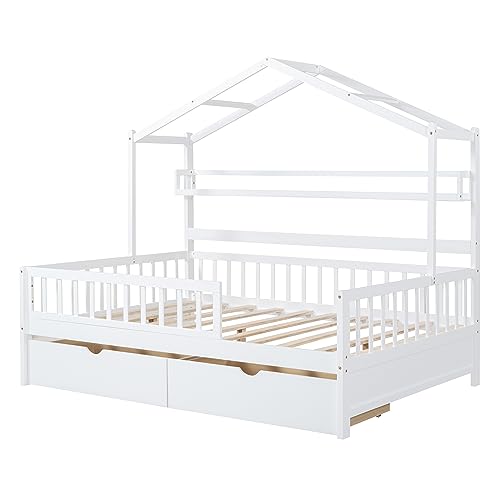 Kids House Bed with 2 Drawers and Shelf, Full Size House Bed Frame with Roof Design and Safety Guardrail, Montessori Bed for Girls Boys Bedroom Furniture, No Box Spring Needed (White + Wood-24)