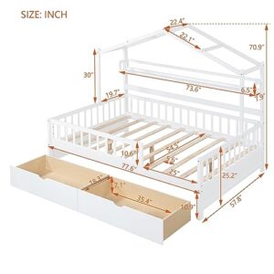 Kids House Bed with 2 Drawers and Shelf, Full Size House Bed Frame with Roof Design and Safety Guardrail, Montessori Bed for Girls Boys Bedroom Furniture, No Box Spring Needed (White + Wood-24)