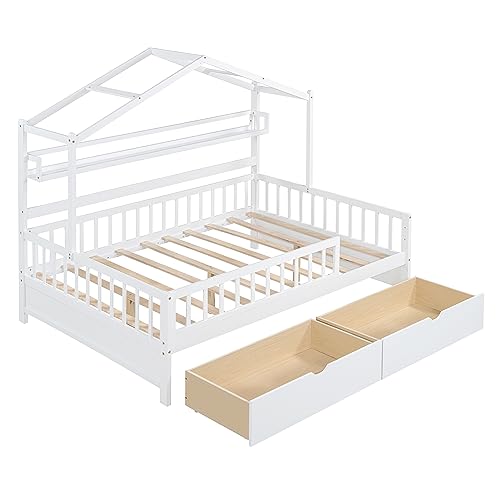 Kids House Bed with 2 Drawers and Shelf, Full Size House Bed Frame with Roof Design and Safety Guardrail, Montessori Bed for Girls Boys Bedroom Furniture, No Box Spring Needed (White + Wood-24)