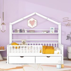 Kids House Bed with 2 Drawers and Shelf, Full Size House Bed Frame with Roof Design and Safety Guardrail, Montessori Bed for Girls Boys Bedroom Furniture, No Box Spring Needed (White + Wood-24)