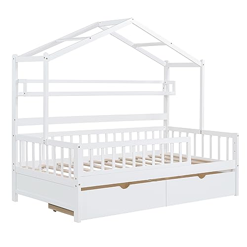 Twin Size House Bed with 2 Drawers and Shelf, Wood House Bed Frame with Roof Design and Safety Guardrail, Montessori Bed for Girls Boys Bedroom, Can be Decorated (White + Wood-A39)