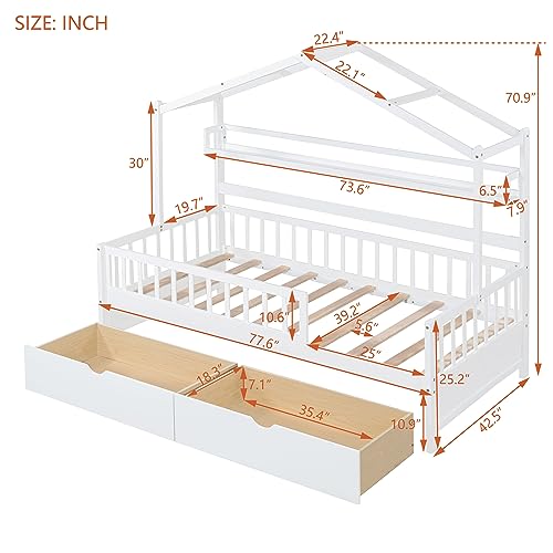 Twin Size House Bed with 2 Drawers and Shelf, Wood House Bed Frame with Roof Design and Safety Guardrail, Montessori Bed for Girls Boys Bedroom, Can be Decorated (White + Wood-A39)