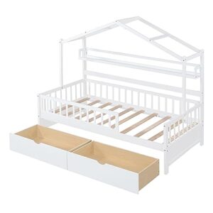 Twin Size House Bed with 2 Drawers and Shelf, Wood House Bed Frame with Roof Design and Safety Guardrail, Montessori Bed for Girls Boys Bedroom, Can be Decorated (White + Wood-A39)